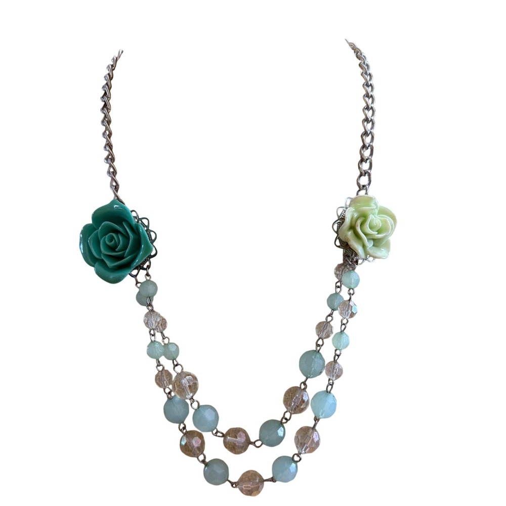 Silver Tone Double Strand Beaded Rose Necklace Teal Mint Green Floral Whimsical